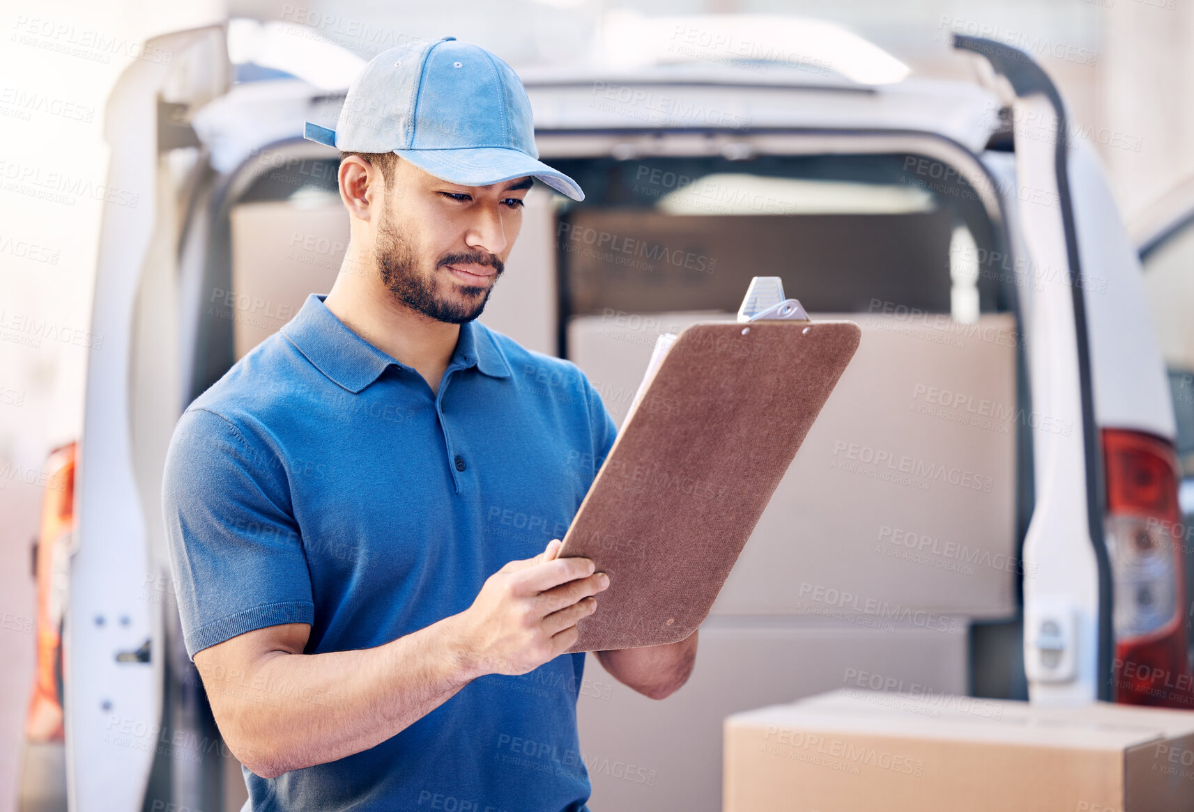 Buy stock photo Logistic, checklist and delivery man with clipboard by car, inspection and distribution of orders. Outdoor, male employee and supply chain with document, boxes or shipping service for courier company