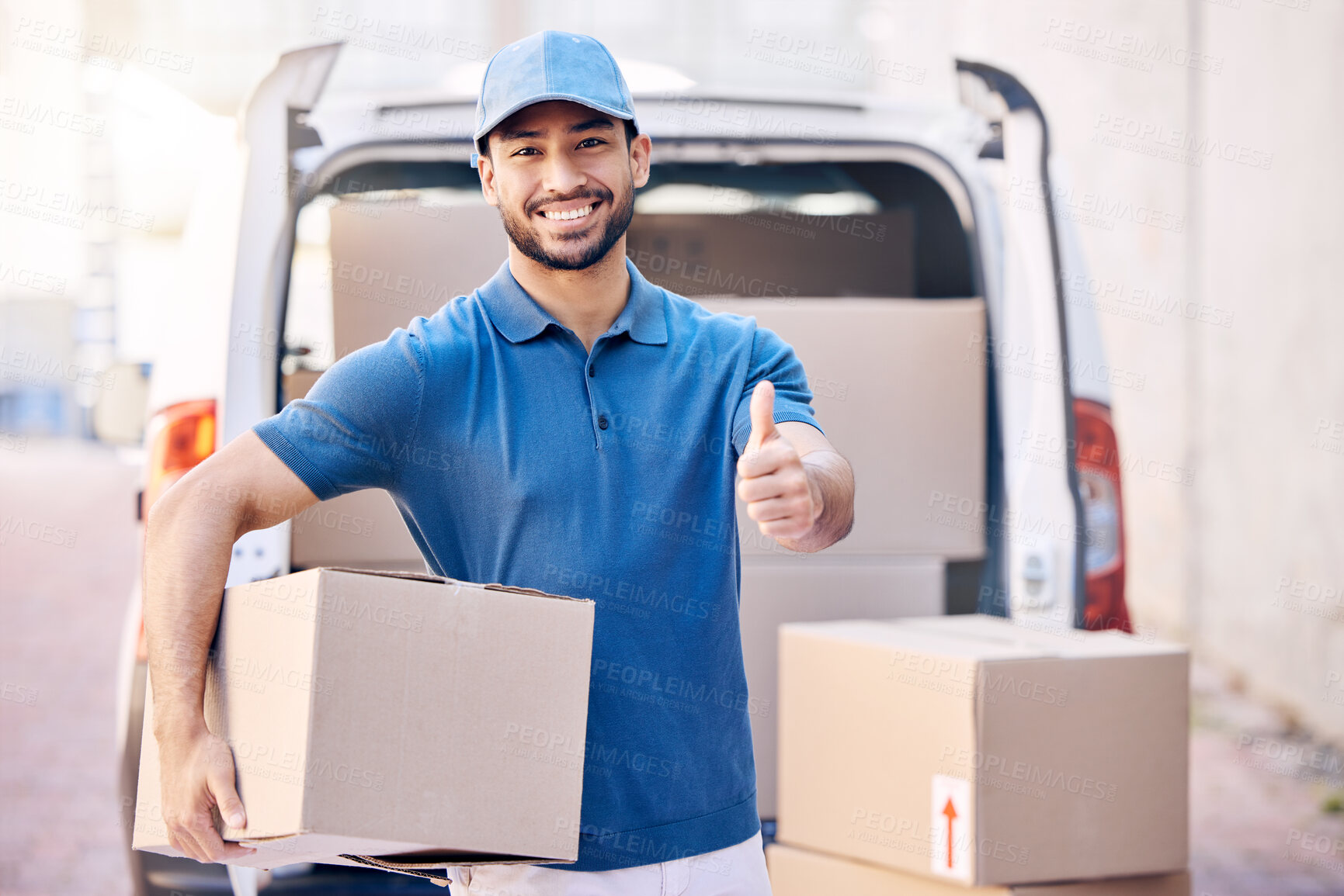 Buy stock photo Logistics, thumbs up and delivery man in portrait with box, orders and package for supply chain. Outdoor, male employee and hand gesture for thank you, distribution and courier service by van