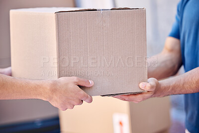 Buy stock photo Package, hands and delivery person with customer in outdoor for shipping, courier service or stock. Box, logistics and people with cargo for ecommerce export, distribution or commercial supplier