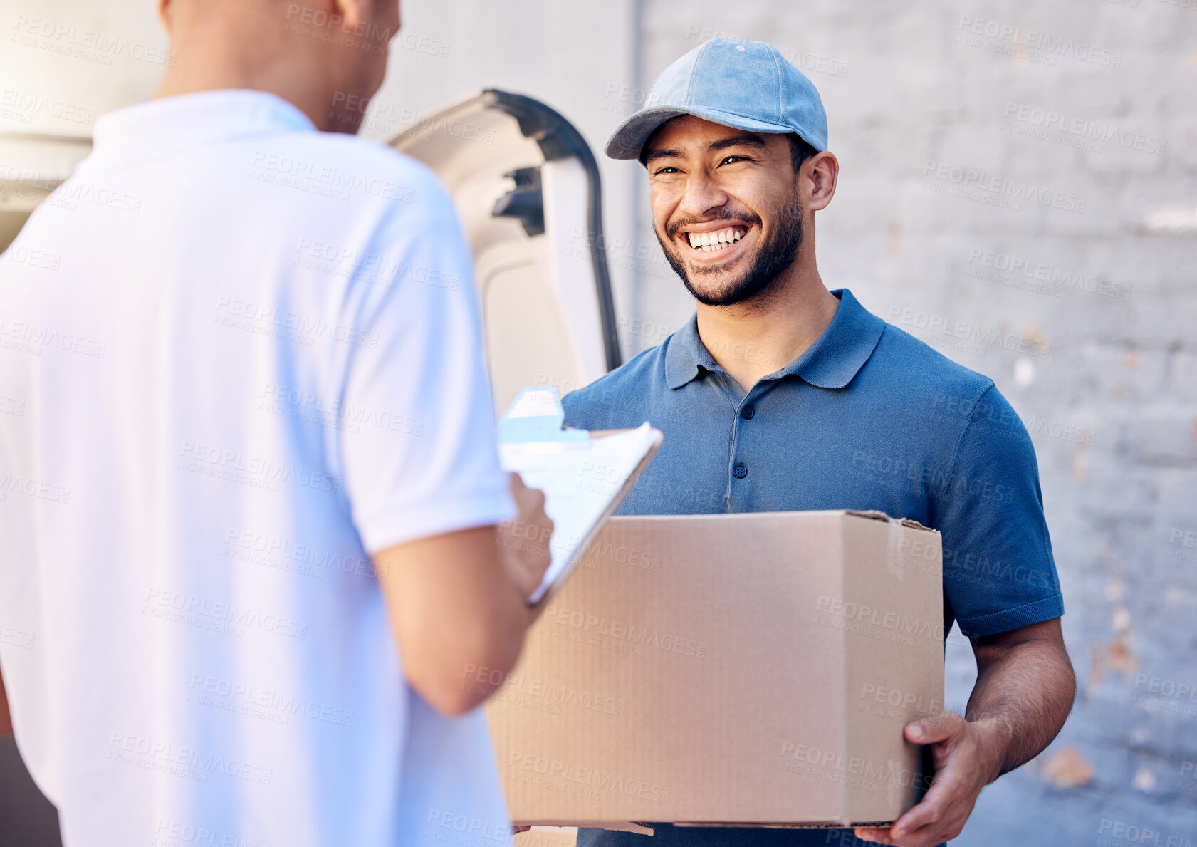 Buy stock photo Courier, delivery man and customer with clipboard for signature, agreement and proof of shipment. Logistics service, male client and employee with paperwork, box parcel and package outdoor by van