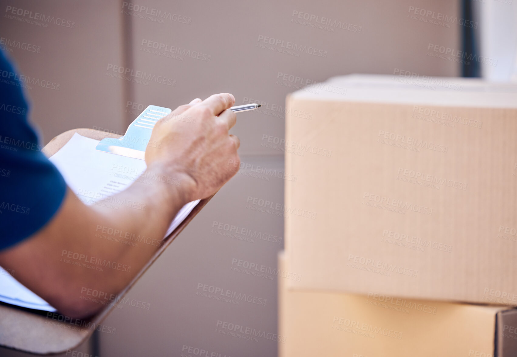 Buy stock photo Hands, clipboard and delivery person with cardboard in outdoor for shipping, courier service or check cargo. Package, logistics and employee with boxes for export, distribution or commercial supplier