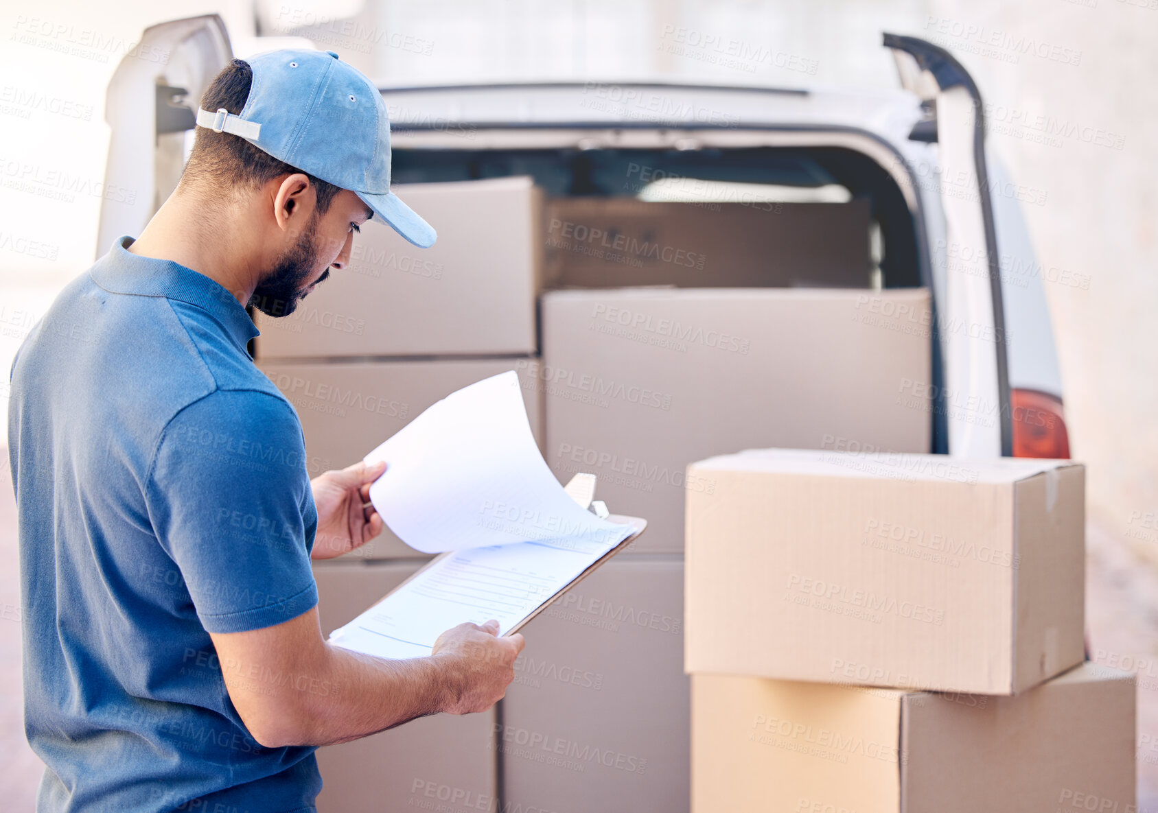 Buy stock photo Van, clipboard and delivery man with check inventory in outdoor for shipping, courier service or cargo. Package, logistics and employee with cardboard for export, distribution or commercial supplier