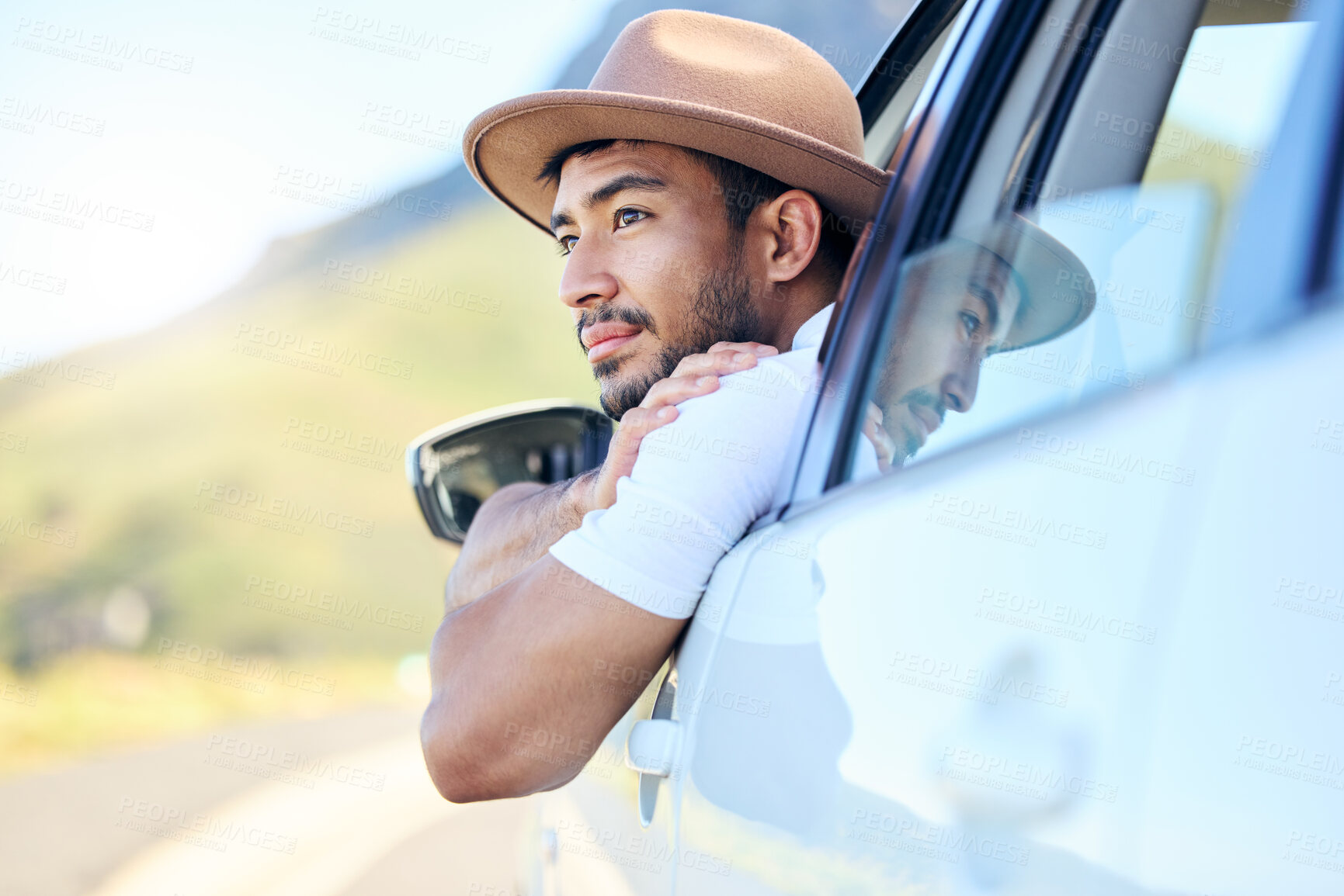 Buy stock photo Travel, thinking and window in car, man and contemplating for journey, road trip and hat for vacation in summer. Outdoor, daydreaming and driving in morning and door of vehicle, person and adventure