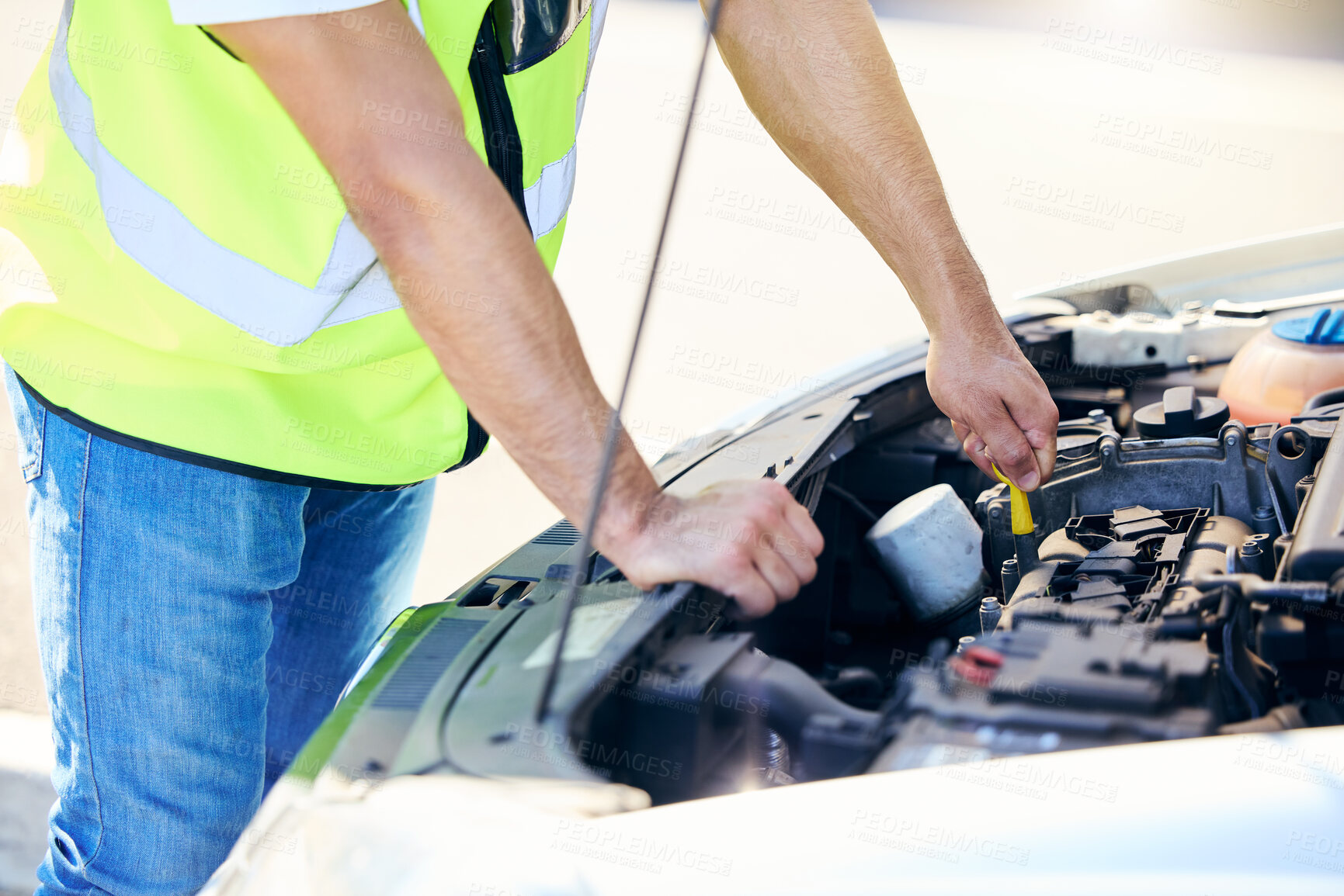 Buy stock photo Mechanic, hands and oil check on road for car repair, roadside assistance or maintenance. Man, breakdown or engineer by engine for insurance, service and inspection of vehicle for transport or travel