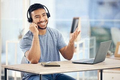 Buy stock photo Home office, laptop and portrait of man with headset for telemarketing, remote work and help to clients. Happy, agent and person with mic by desk for customer support, information and insurance sales