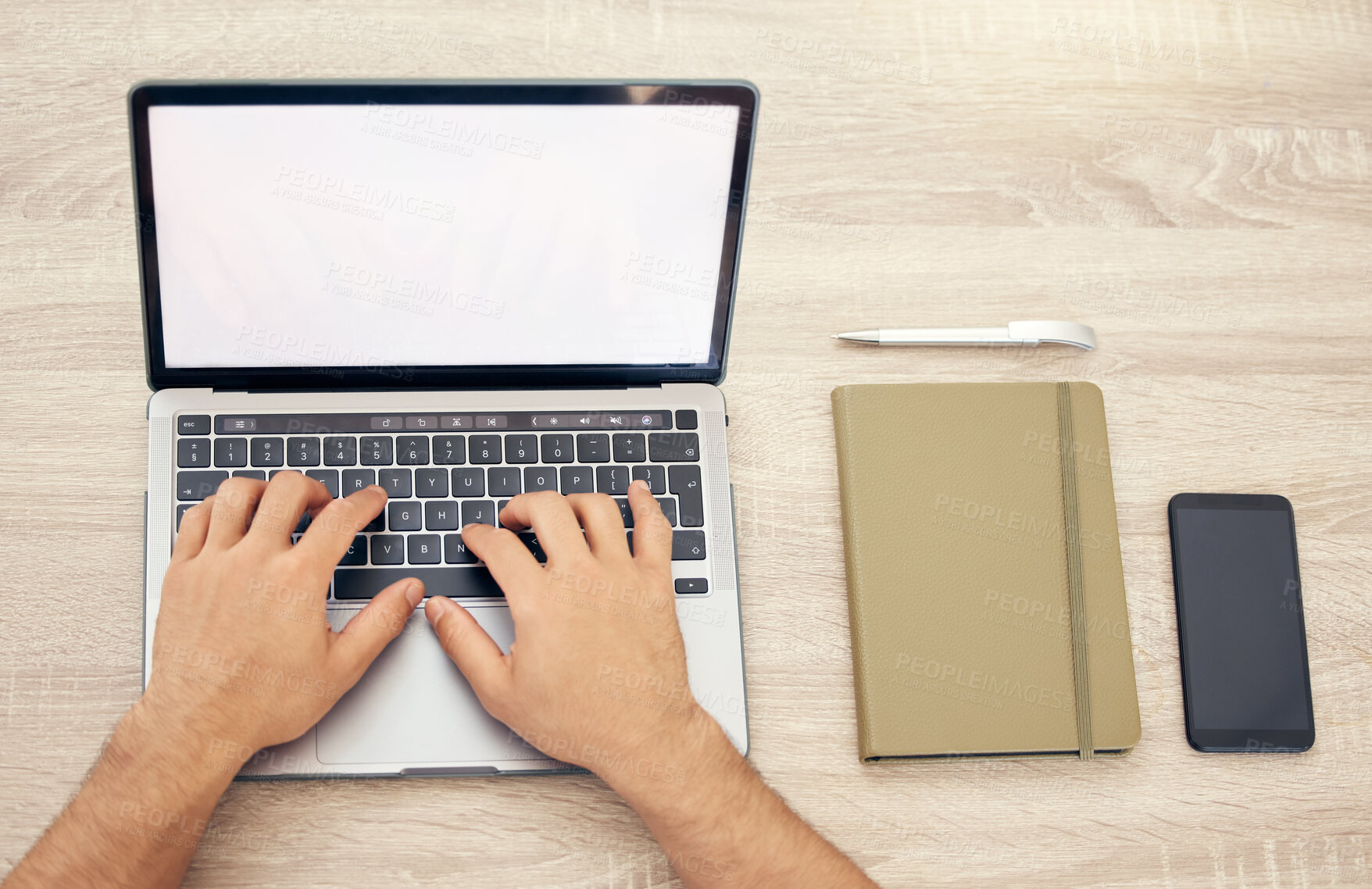 Buy stock photo Mockup, person and hands on laptop for research, online business and space on screen in office. Freelancer, writer and top view of typing on technology for feedback, copywriting and survey review