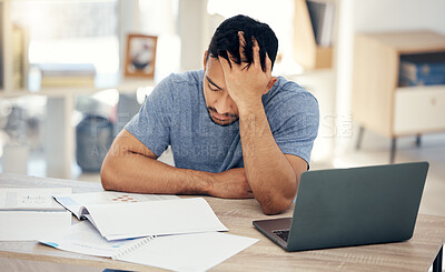 Buy stock photo Headache, laptop and man with anxiety in home office for remote work, issue or connectivity glitch. Frustrated, web designer and documents with stress for internet crash, fatigue or network error