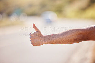 Buy stock photo Man, hand and road with thumbs up for hitchhiking on journey, trip and travel for holiday in California. Traveler, backpack and stop cars or transport for ride on vacation as tourist on adventure