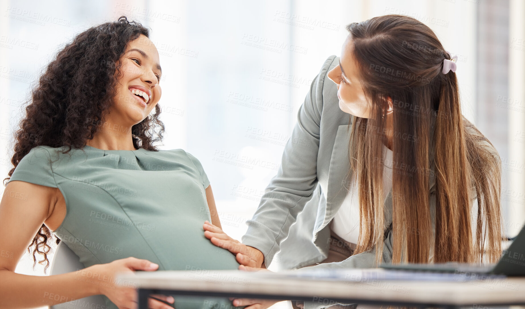 Buy stock photo Pregnant, woman and happy with colleague in office to touch stomach growth, new mother and meeting baby. Smile, people and abdomen with love, care and support of staff for maternity leave of wellness