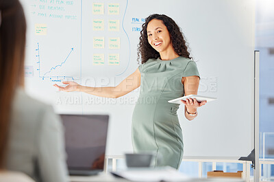 Buy stock photo Business, pregnant woman and portrait in office for presentation, planning and team building with info on board. Marketing analyst, presenter and tablet for training, workshop and graph discussion