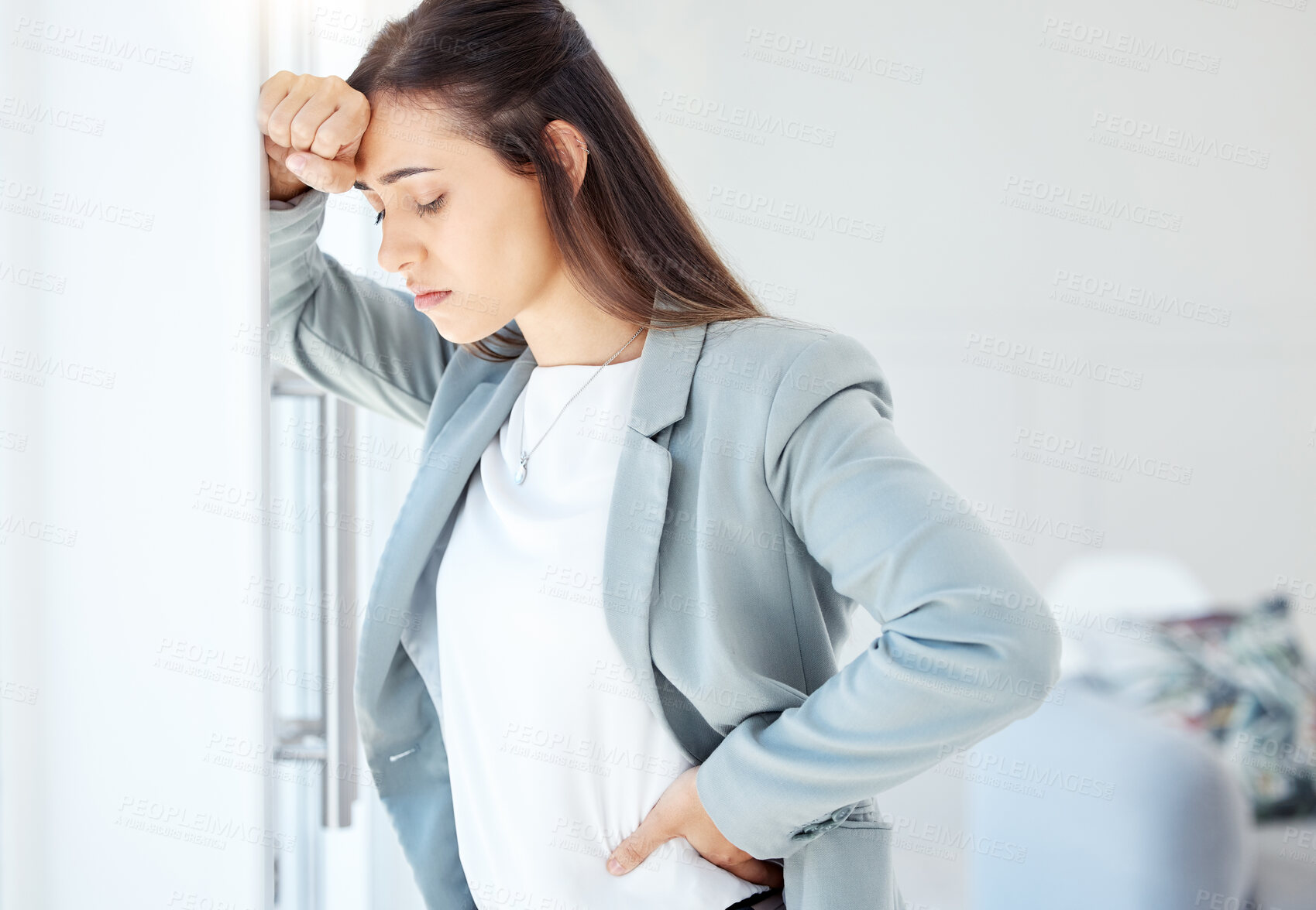 Buy stock photo Woman, office and depressed with fatigue, burnout and mental health for deadline or work. Stress, female person and worry with frustrated for exhausted, thinking and planning as overwhelmed at job
