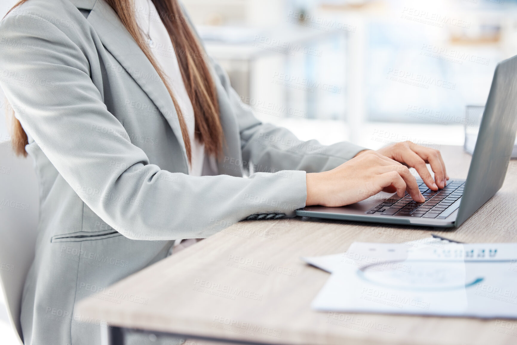 Buy stock photo Woman, hands and laptop at desk for research, planning and email for corporate company. Technology, typing and human resources management with documents for strategy, development or online in office 