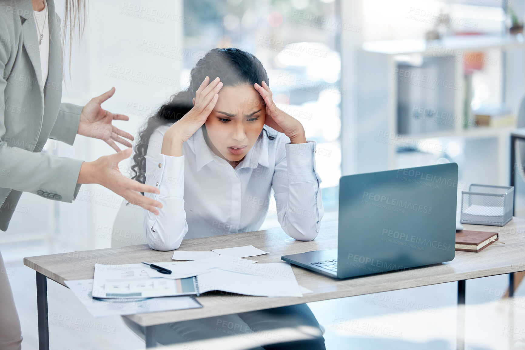 Buy stock photo Woman, frustrated and depressed with fatigue, burnout and mental health for deadline or work. Stress, female person and worry in office with exhausted, headache and pain as overwhelmed by manager
