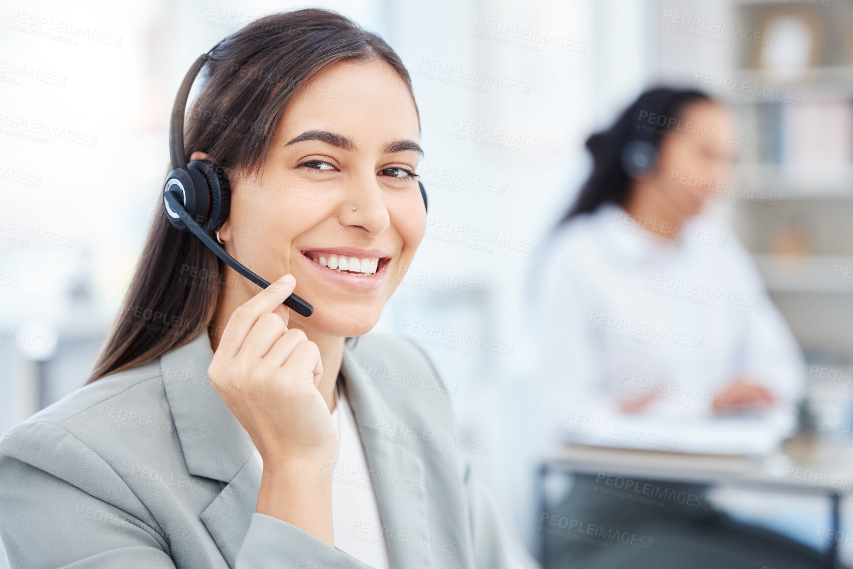 Buy stock photo Customer service, portrait or happy woman in call center for consulting, loan questions or online advice. Telecom, consultant or agent talking on microphone for telemarketing or sales communication