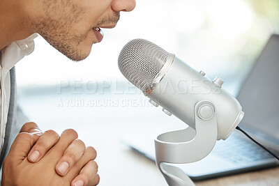 Buy stock photo Podcast, microphone and business man mouth, speaking or online broadcast on web 3.0 platform, tech and office. Advice, speaker and influencer person voice or talking news, politics or media on radio