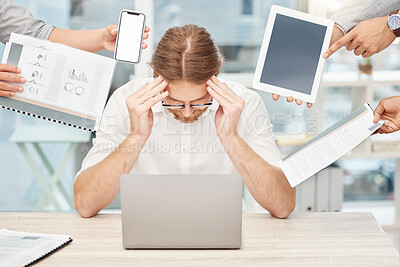 Buy stock photo Stress, chaos and business man headache on laptop, documents and phone call, documents and burnout in office. Mental health, people hands and manager with fatigue, tablet screen and cellphone mockup