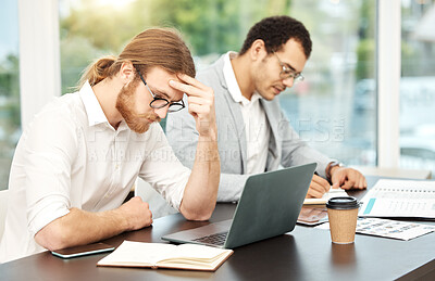 Buy stock photo Business, people and stress with strategy in office for project deadline with teamwork and collaboration. Partners, employees and burnout headache in boardroom with laptop or documents for research