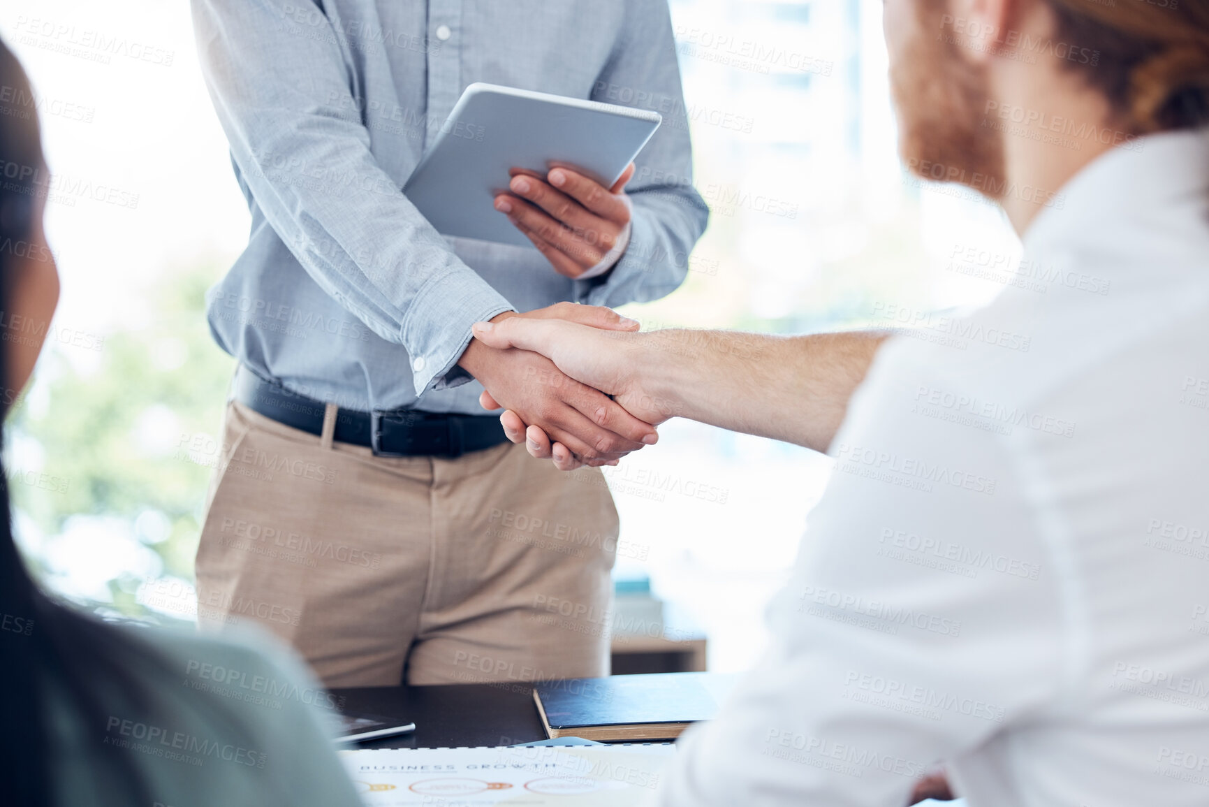 Buy stock photo Hiring, handshake and business people in office with welcome for interview, job opportunity or recruitment. Meeting, human resources and candidate shaking hands for greeting, onboarding or employment