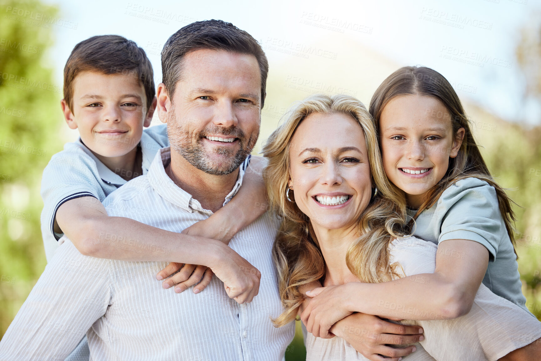 Buy stock photo Piggyback, happy and portrait of family in nature for bonding, travel and adventure on vacation. Outdoor, smile and children with parents in park on holiday, getaway or weekend trip in Australia.