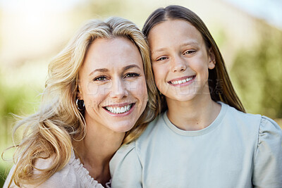 Buy stock photo Portrait, happy and child with mother in nature for bonding, travel and adventure on vacation. Outdoor, smile and girl with mom in park for connection on holiday, getaway or weekend trip in Australia