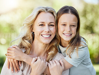 Buy stock photo Portrait, hug and child with mother in nature for bonding, travel and adventure on vacation. Face, happy and kid embracing mom in park for connection on holiday, getaway or weekend trip in Canada