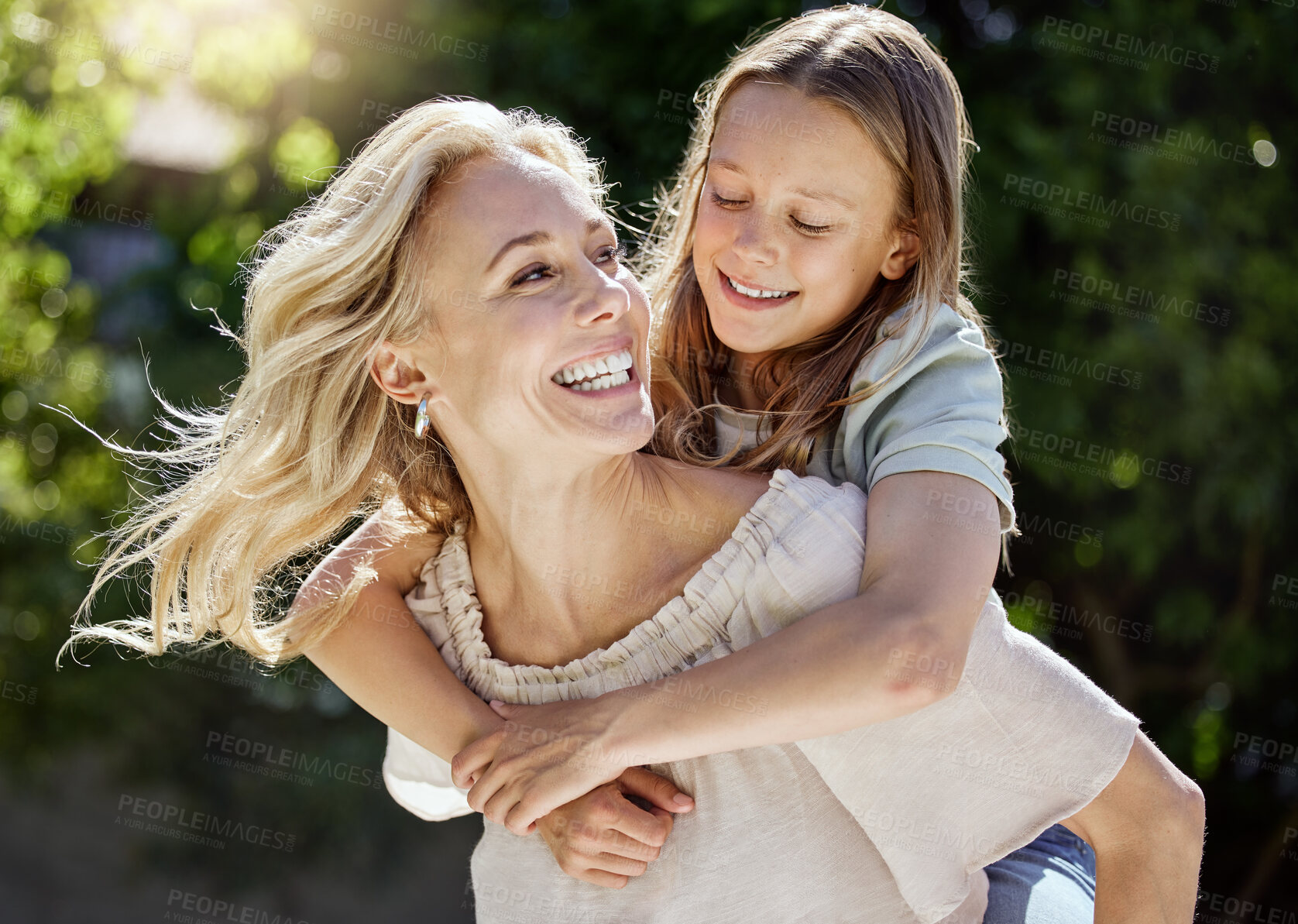 Buy stock photo Piggyback, happy and child with mother in nature for bonding, travel and adventure on vacation. Outdoor, smile and girl kid with mom in park for fun activity on holiday, getaway or weekend trip.