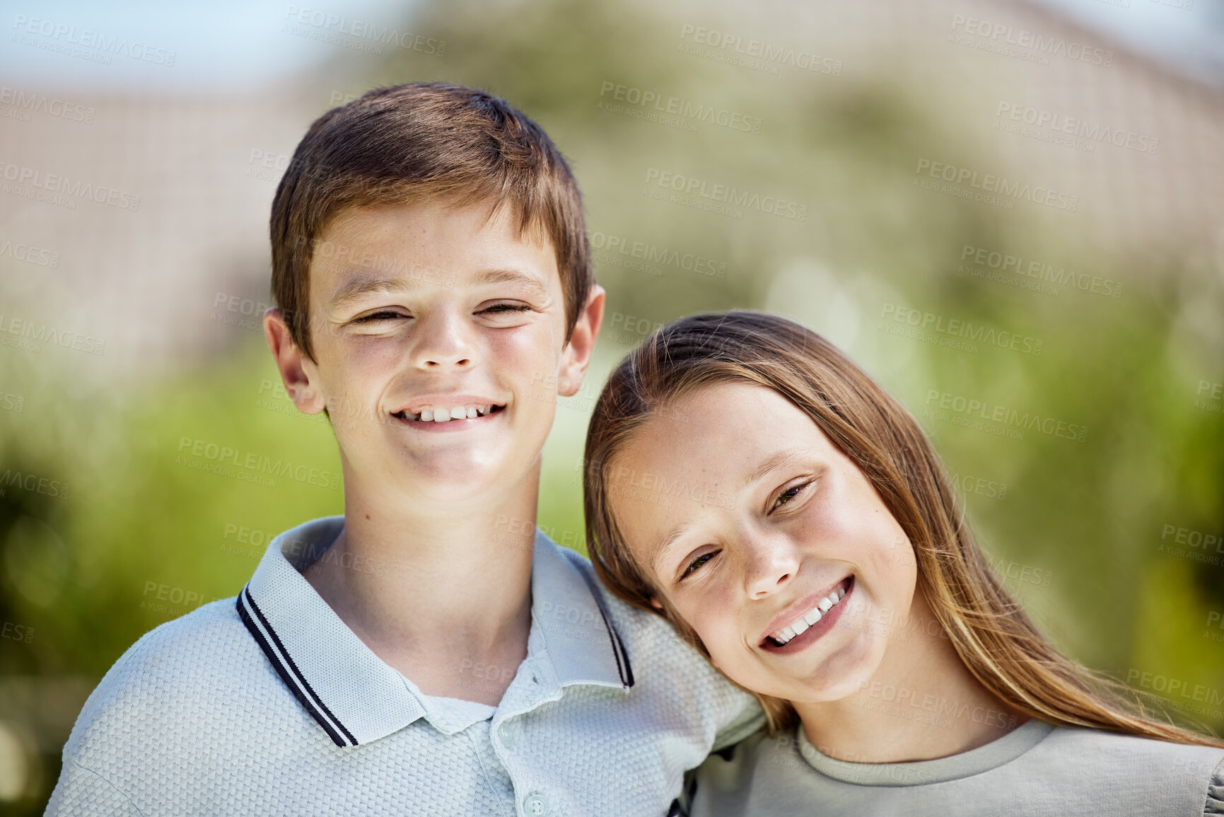 Buy stock photo Portrait, smile and siblings in park, outdoor and happy in nature, fresh air and bonding of girl and boy. Spring, grass and children in environment, peace and kids in backyard, break and weekend