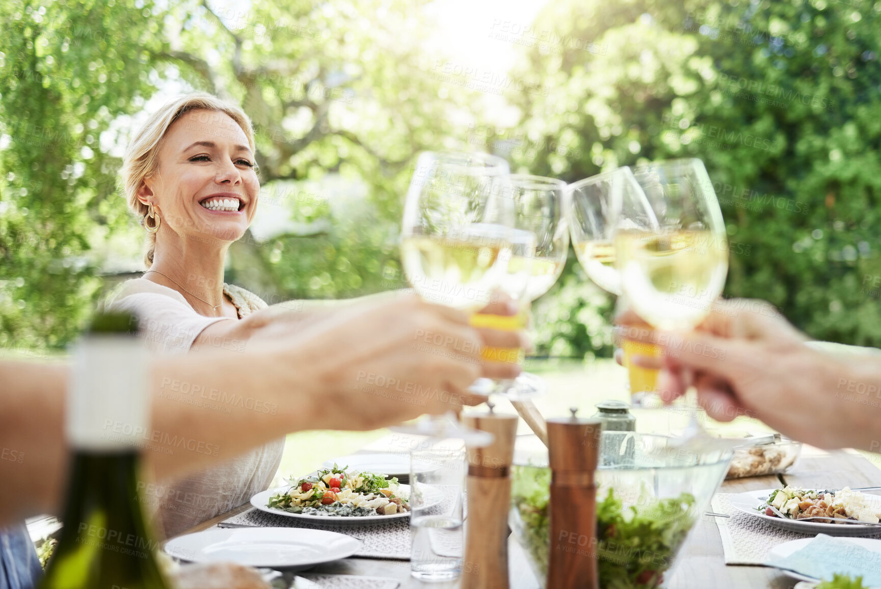 Buy stock photo Lunch, happy family and woman toast with wine glass outdoor at thanksgiving celebration. Champagne, friends and cheers with alcohol at dinner table for party, food and social gathering at backyard