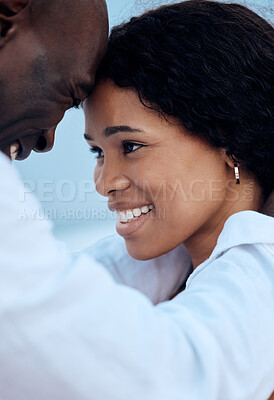 Buy stock photo Happy black couple, love and forehead touch at beach for care, trust or travel on date closeup. Man, woman and romance outdoor for connection, loyalty or commitment on summer holiday and vacation