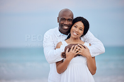 Buy stock photo Hug, honeymoon and black couple in portrait at beach for love, trust or travel together on date. Smile, sea or happy people romantic anniversary for holiday, trip or marriage commitment in Mauritius