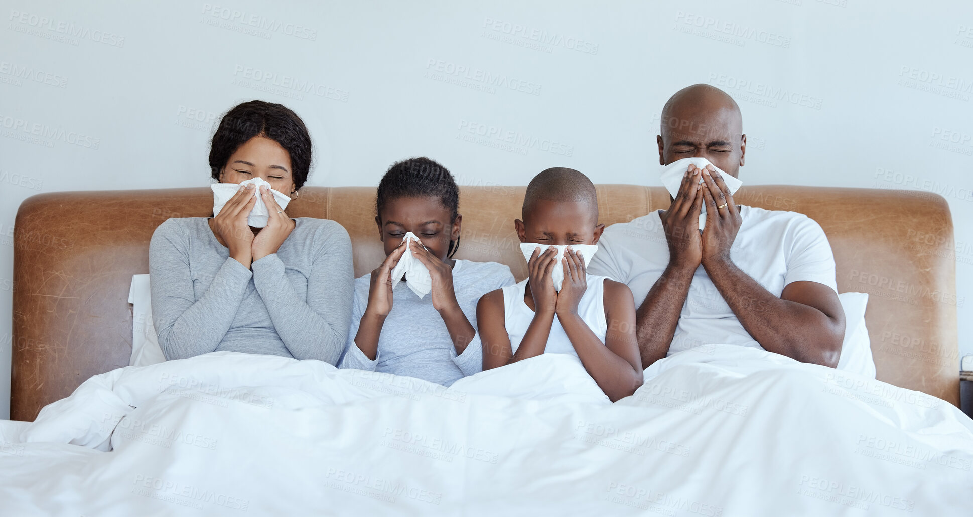 Buy stock photo Allergy, bedroom and sick with black family and blowing nose for medical, tissue or mpox emergency. Healthcare, disease and support with people quarantine in home for virus outbreak and infection