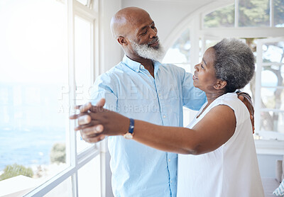 Buy stock photo Black couple, dancing and together in senior home with love, care and commitment. Happy african man and woman relax and dance to enjoy marriage, retirement and happiness while holding hands