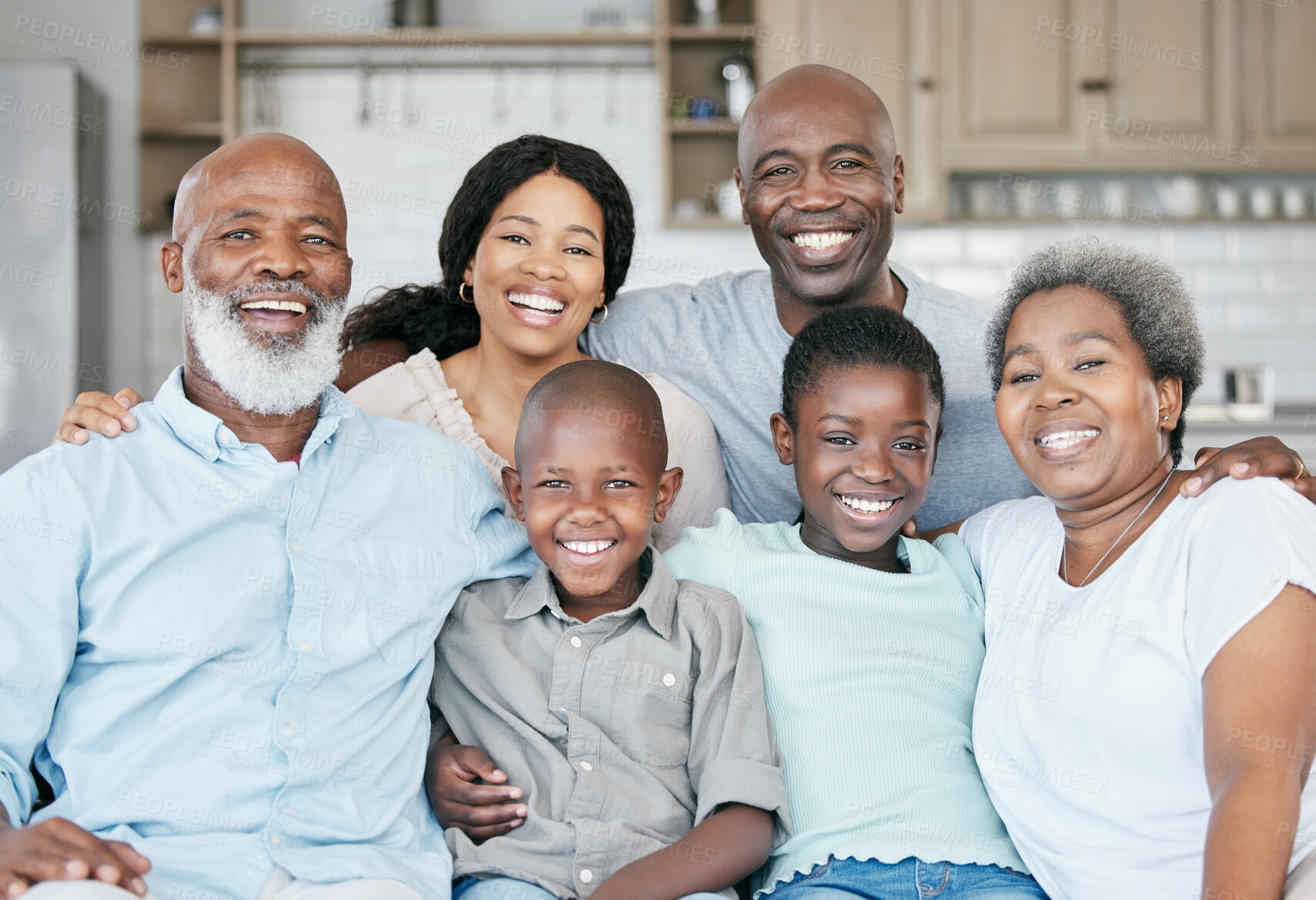 Buy stock photo Black family, generations and happy at home on portrait on visit for bonding, support and love. People, grandparents and parents with kids on sofa in living room with smile or laugh for trust or care