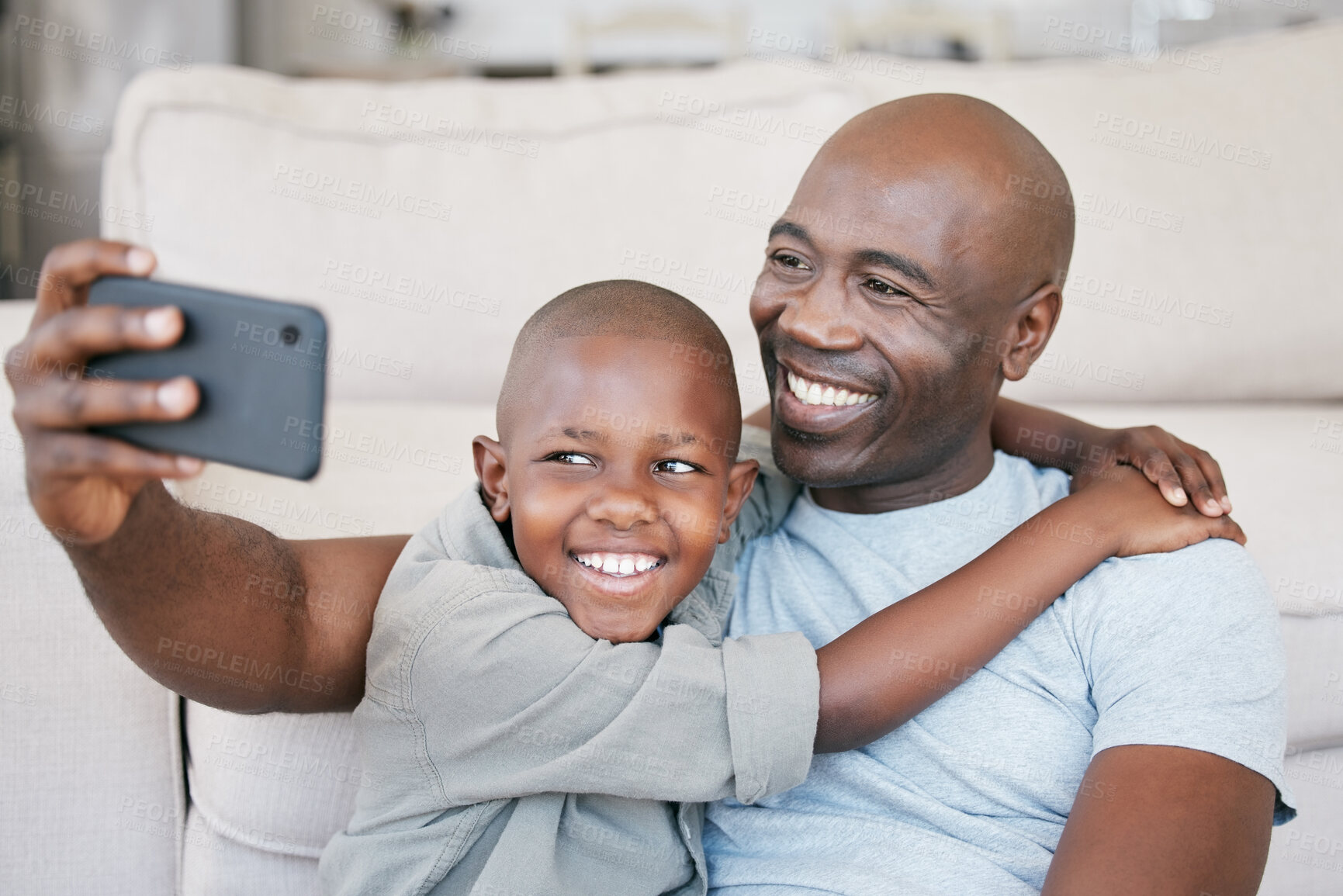 Buy stock photo Black people, dad and happy with son on selfie at home on floor for social media, memories and profile picture. Family, parent and smile with kid in living room for bonding, support and childcare