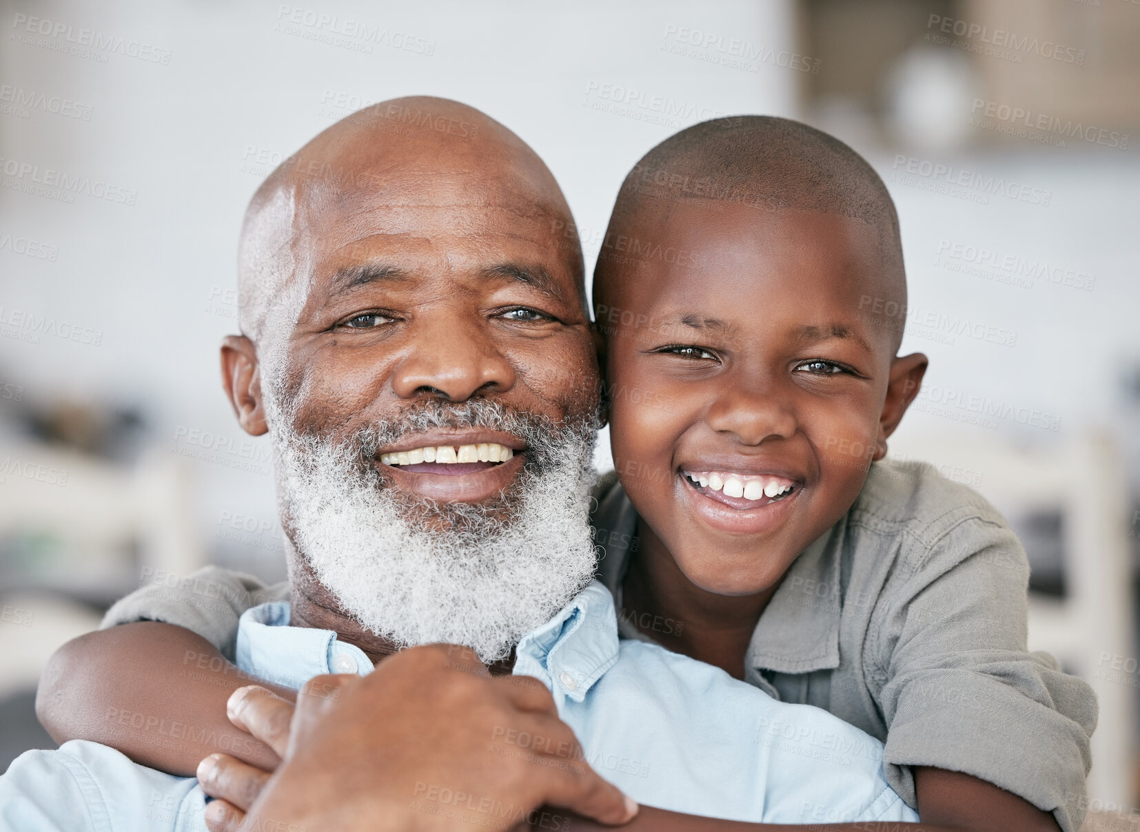 Buy stock photo Grandfather, hug or portrait of boy in home on couch to relax with smile, support or care together. Black family, kid or senior grandparent with happy child for bonding, wellness or love in Cameroon