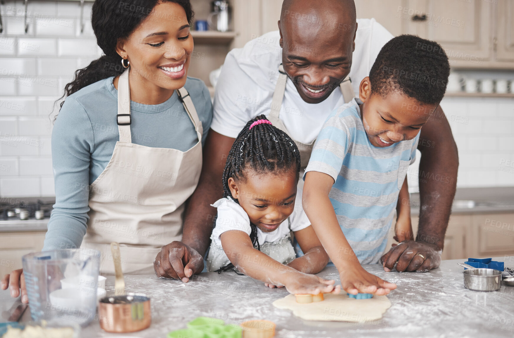 Buy stock photo Cookies, baking and black family in kitchen for bonding, learning and skill development in home. Dough, ingredients and African parents teaching children to cook for growth and fun at house.