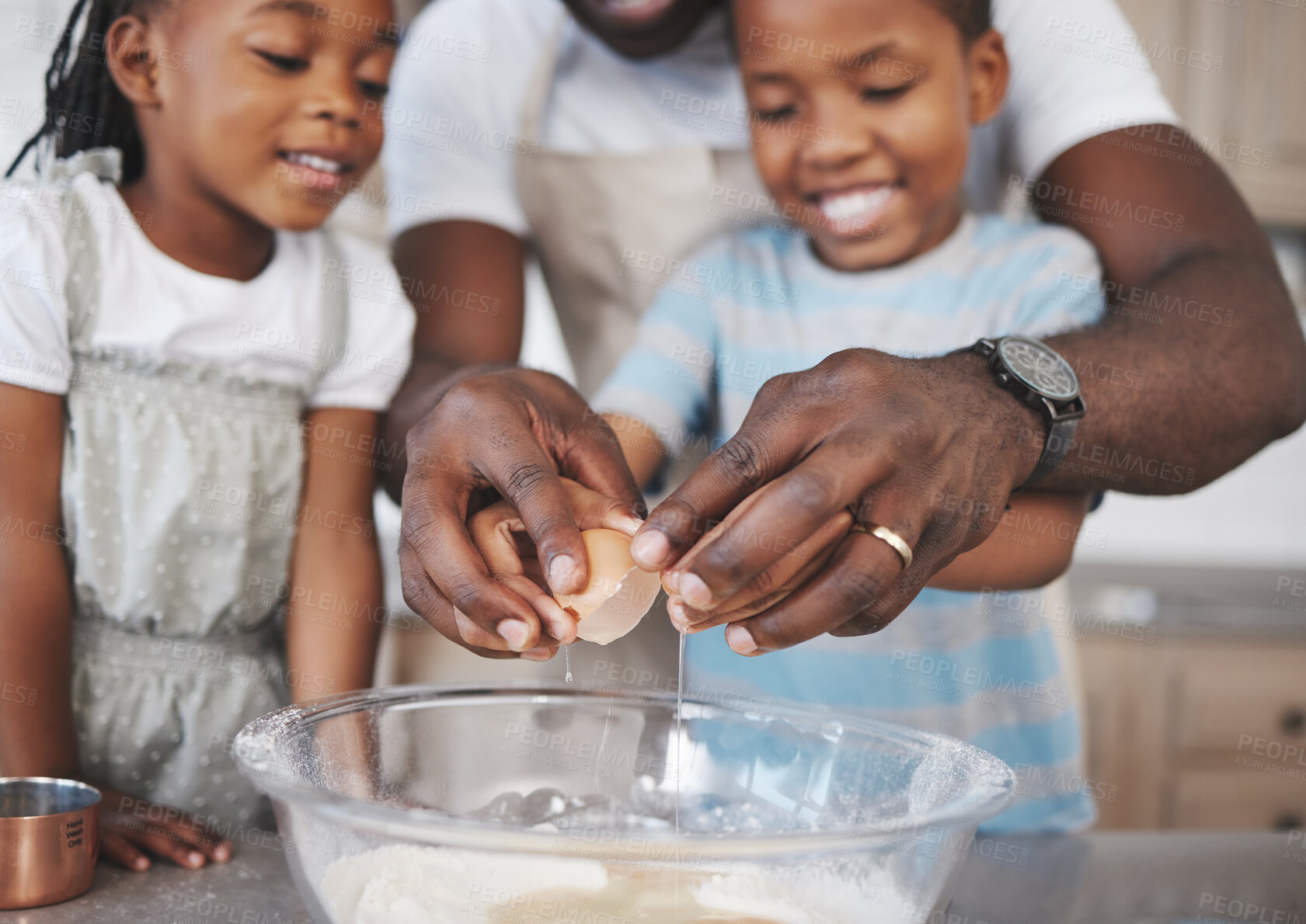 Buy stock photo Baking, eggs and father with children in kitchen for bonding, learning and skill development in home. Mixing bowl, ingredients and African dad teaching kids to cook for growth and fun at house.