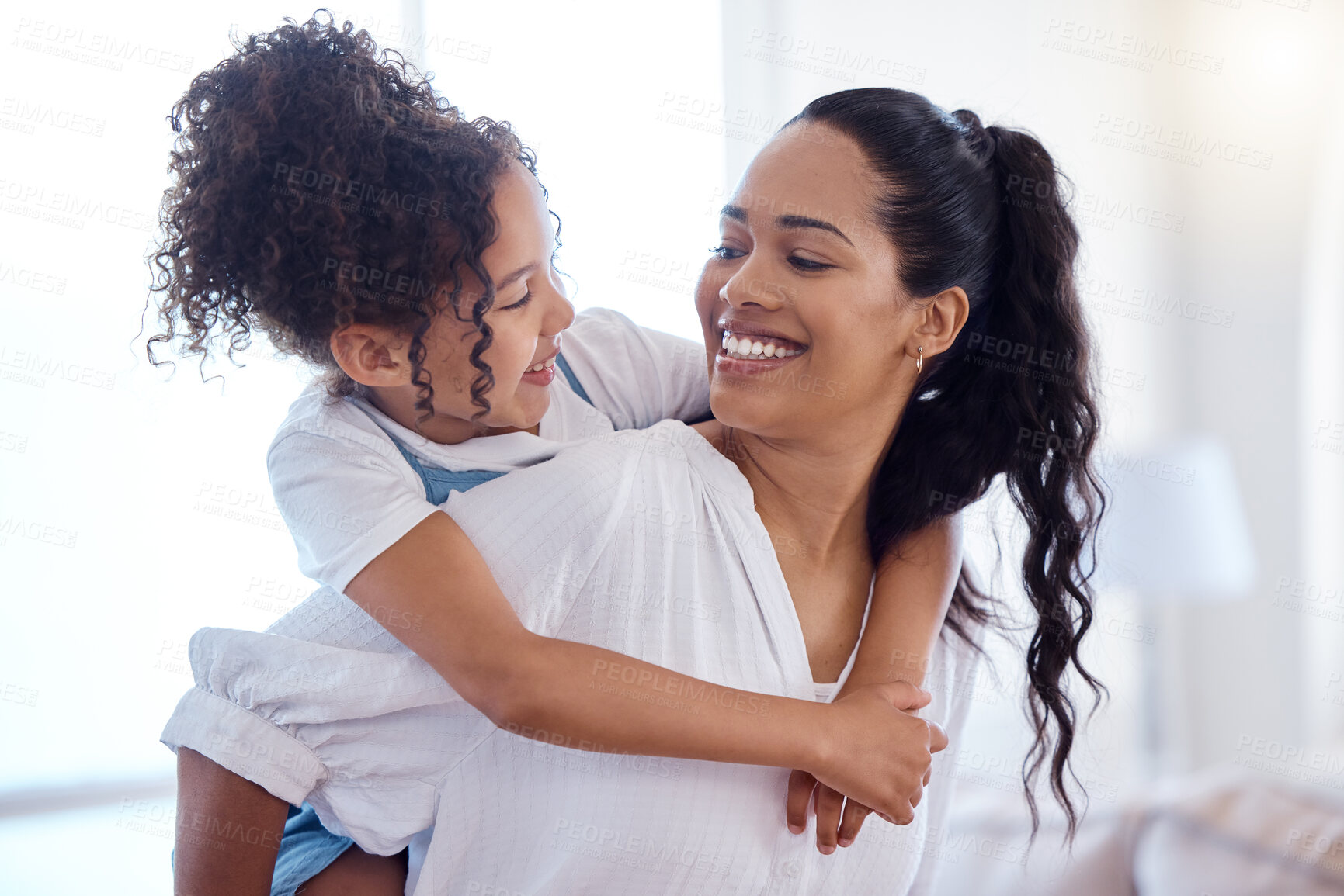 Buy stock photo Piggy back, mom or child in home for love, support and trust in relationship. Mother, daughter or games in morning for bonding, vacation and development in New Zealand for care, security or happiness