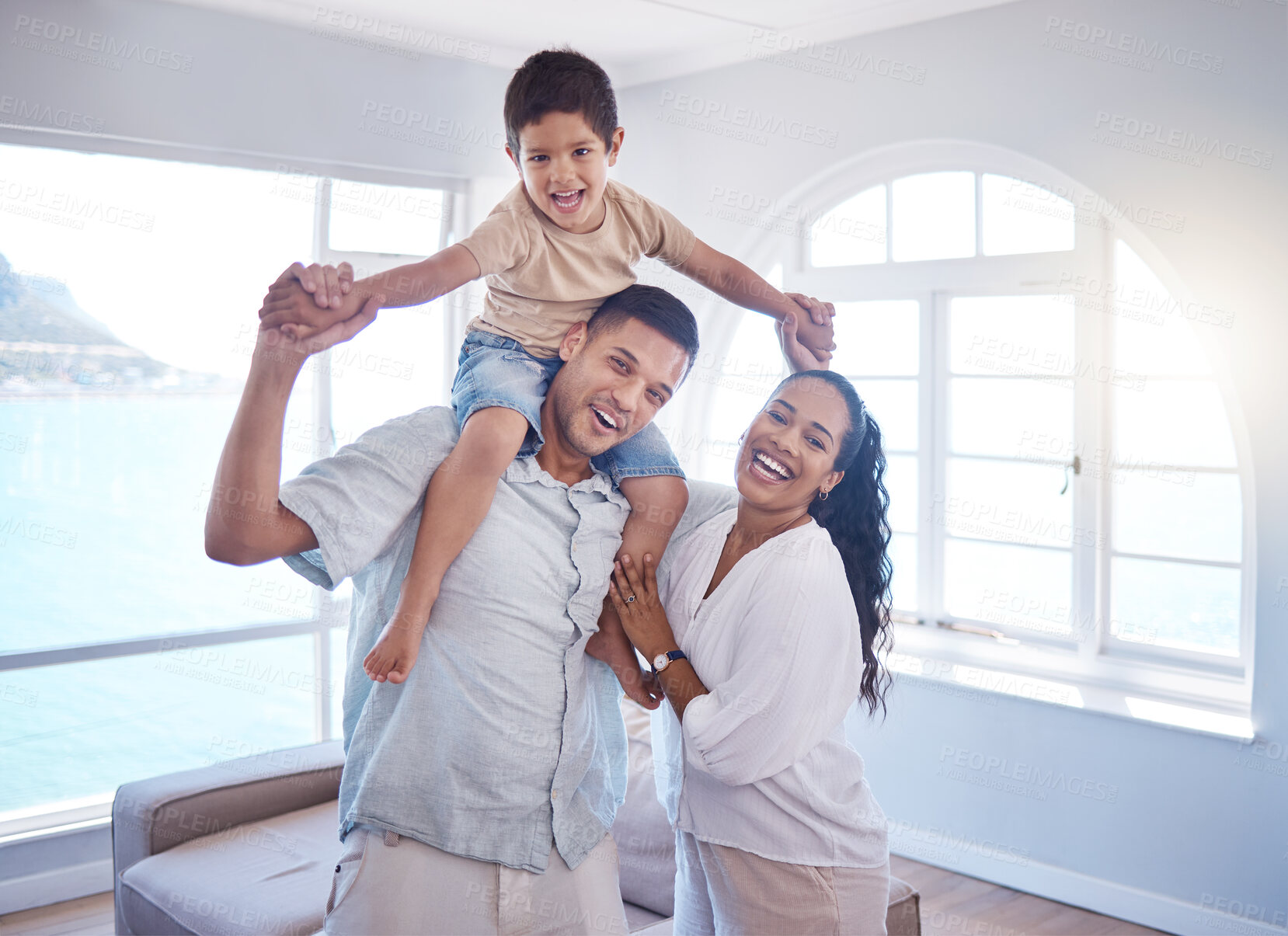 Buy stock photo Happy family, portrait and child on dad shoulders for support, game and fun on vacation. Mother, father and lifting kid in home for bonding, holiday or travel in summer to seaside accommodation