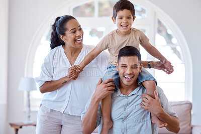 Buy stock photo Portrait of a little boy bonding with his parents at home