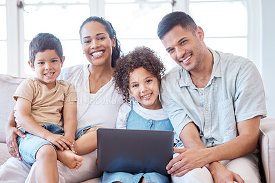 Buy stock photo Parents, kids and portrait on sofa with laptop, smile and together for movie, video or cartoon on web. Young family, children and happy on living room couch with computer, bond and relax in house