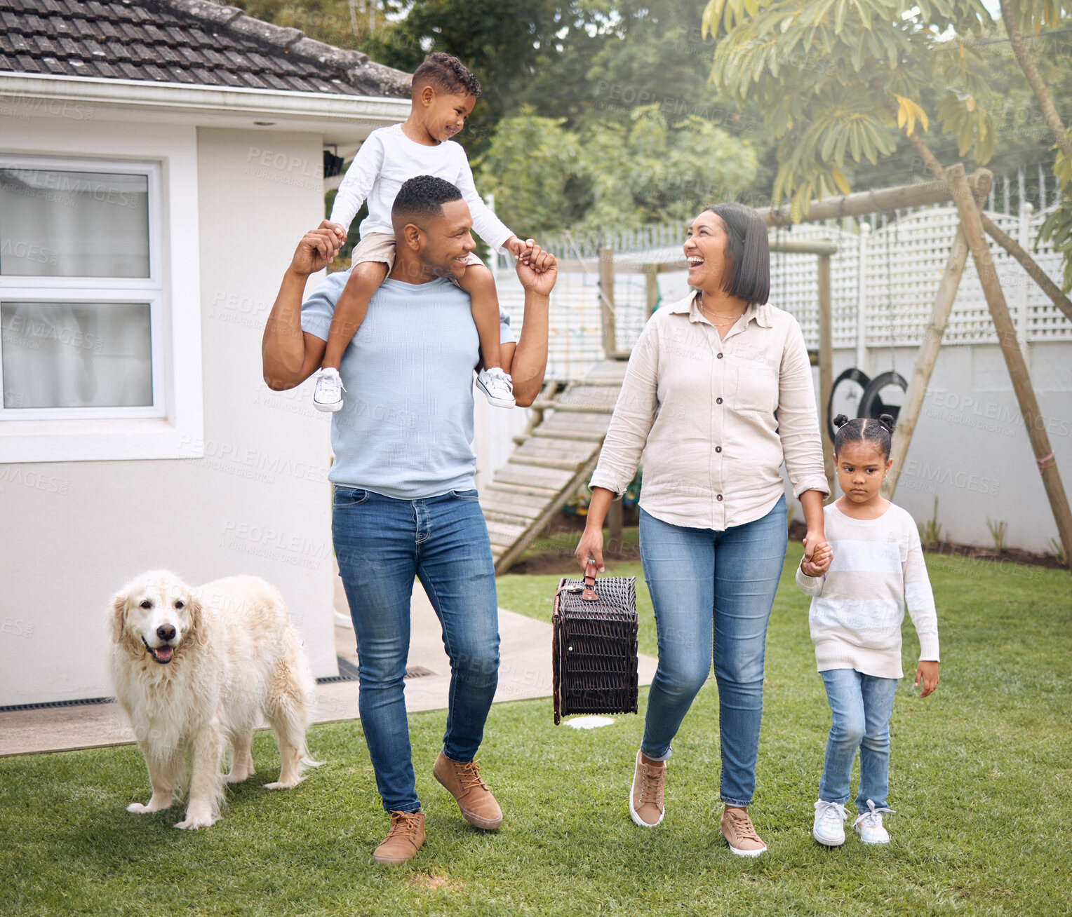 Buy stock photo Happy, parents and children with dog outdoor for family picnic, bonding and love of support in backyard. Smile, woman and boy on dad shoulder with security, trust and care of games together at house