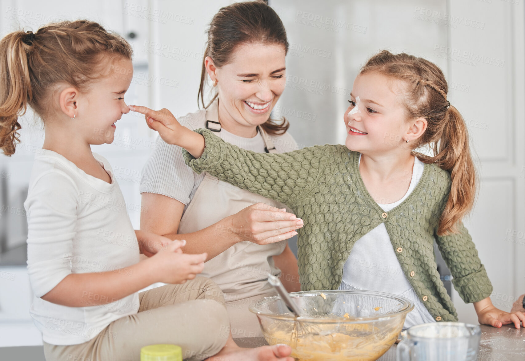 Buy stock photo Baking, fun and mom with children in kitchen for learning chef skills, development and bonding together. Family, happy and mother with girls with ingredients, recipe for cake, treats and dessert