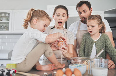 Buy stock photo Baking, mistake and parents with children in kitchen for learning chef skills, development and bonding together. Family, home and mom, dad and girls with egg mess for cake, pancakes and dessert