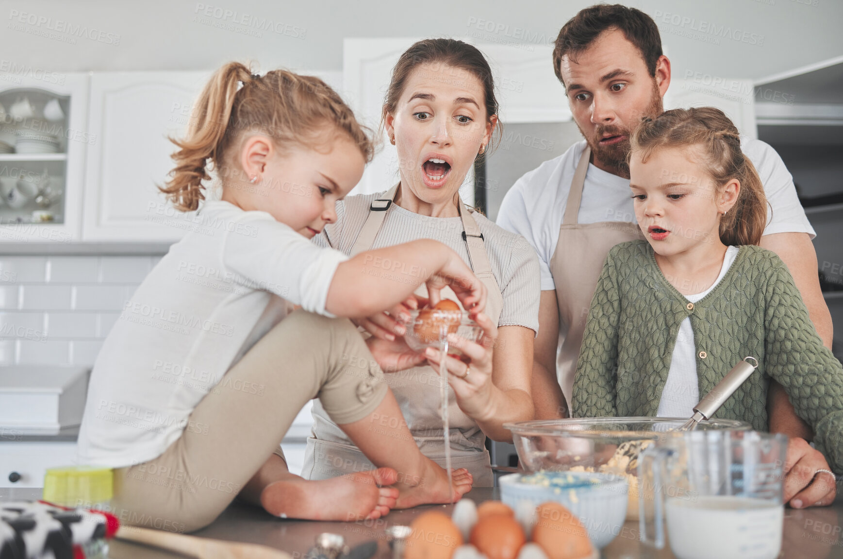 Buy stock photo Baking, mistake and parents with children in kitchen for learning chef skills, development and bonding together. Family, home and mom, dad and girls with egg mess for cake, pancakes and dessert