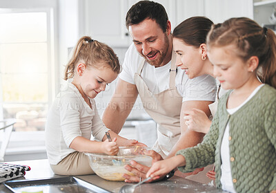 Buy stock photo Family, teaching and recipe in kitchen for baking, fun and bonding together with eggs, flour and bowl. Parents, kids and ingredients as people in house for cooking, learning and child development