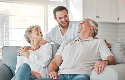 Buy stock photo Family, laughing and relax in house for bonding, care and happiness on sofa with joy, embrace and fun. Man, smile and parents in retirement for love, bonding and support together in lounge on couch
