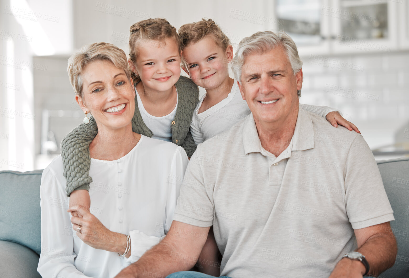 Buy stock photo Happy, sofa and portrait of kids with grandparents in home for bonding, connection and family time. Smile, love and girl children relax with senior man and woman in living room at house in Australia.