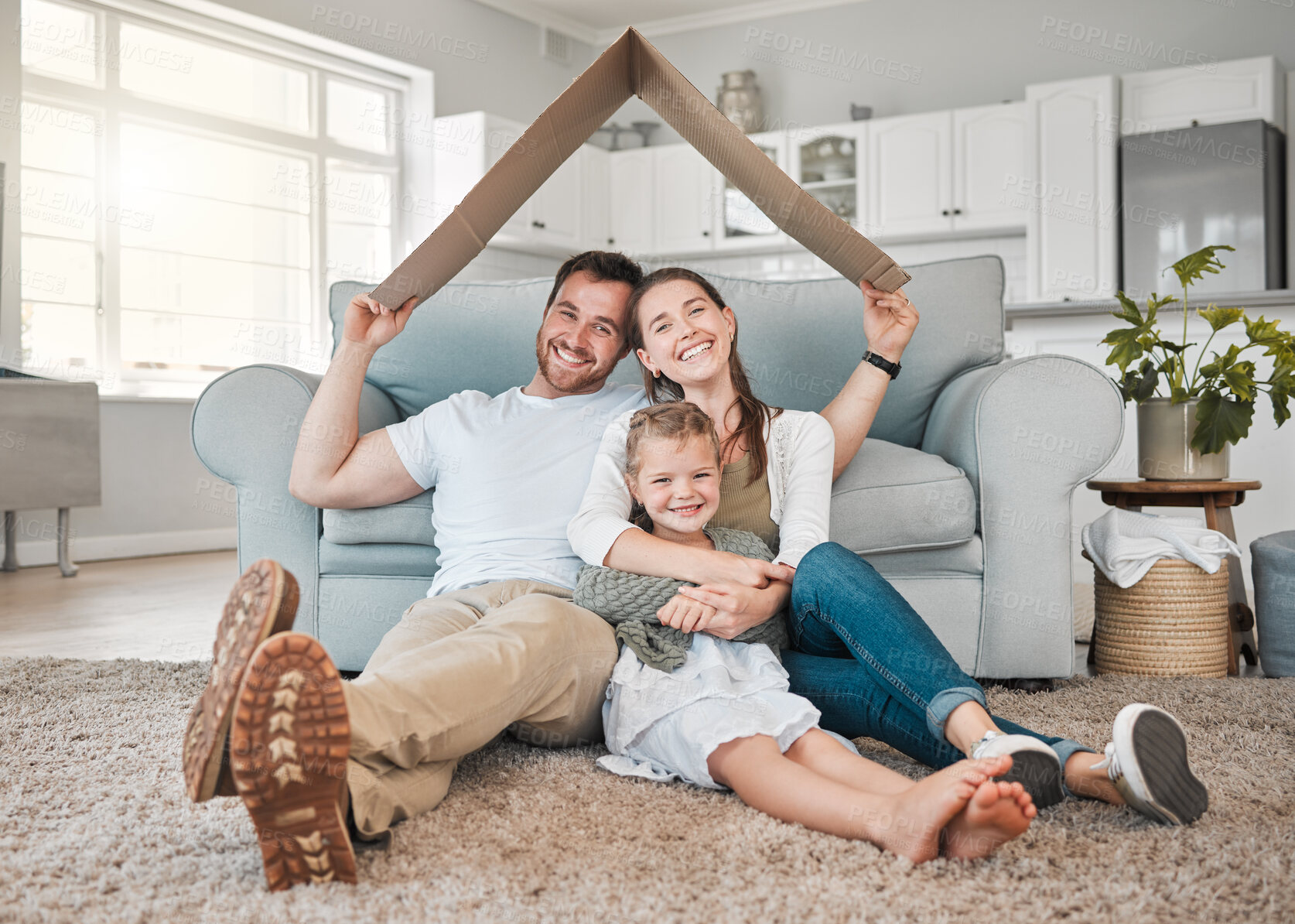 Buy stock photo Happy family, portrait and roof with daughter for safety, security or property investment at home. Mother, father and young child or kid with smile on floor for shelter, apartment or house together