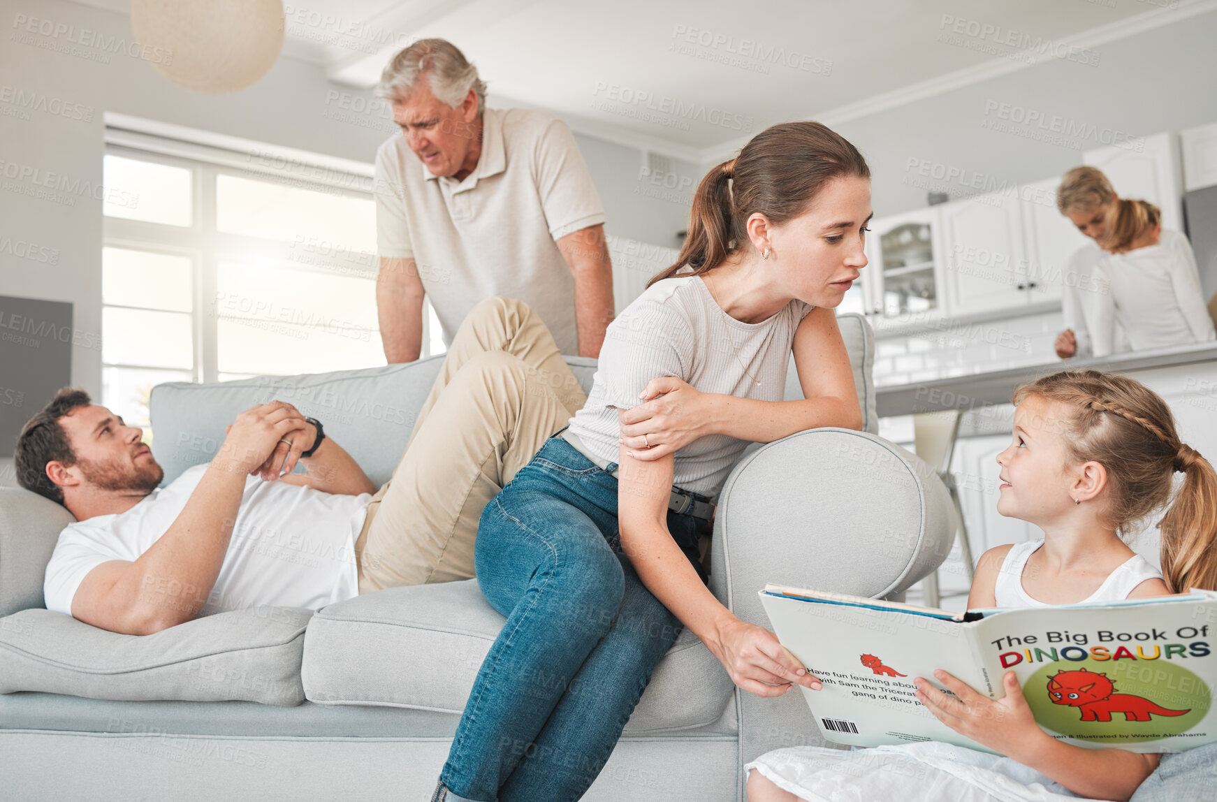 Buy stock photo Family, weekend and relax in house for bonding, care and happiness on sofa with joy, embrace and fun. Generations, smile and people with break for love, relationship and leisure in lounge on couch